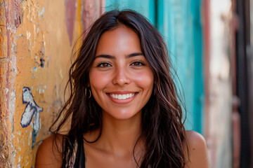 Naklejka premium smile, 25 years old mexican woman photo, on street, real face and real background 