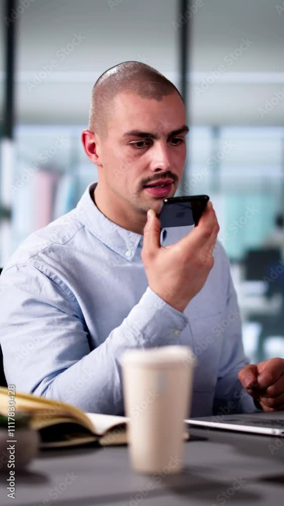 Poster professional businessman using smartphone app for client call
