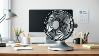 Modern Desk Fan Cooling Workspace on Wooden Table