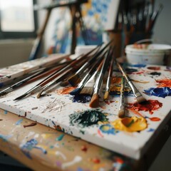 Fototapeta premium Vibrant artist palettes & abstract canvases a close-up in a colorful studio for art enthusiasts