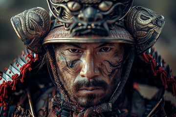 Generative AI Image of a Traditional Samurai Warrior with Intense Expression in Historical Armor and Face Paint