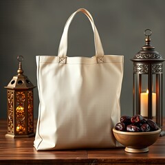 Beige Tote Bag with Dates and Lanterns on Wooden Table