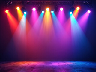 Colorful dance club floor empty stage with glowing neon spotlights with copy space for concert, show, party, product presentation or invitation