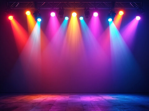 Colorful dance club floor empty stage with glowing neon spotlights with copy space for concert, show, party, product presentation or invitation