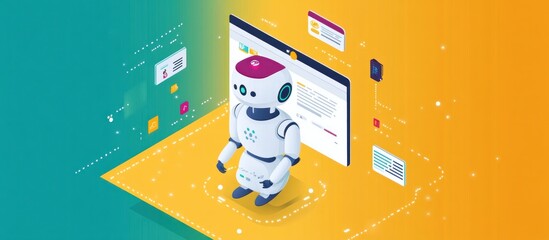 White robot with pink and purple accents standing in front of a computer screen.