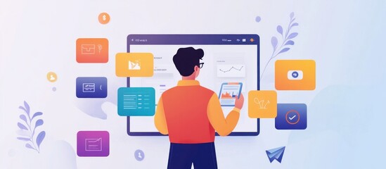 Man in front of a computer screen working on a project with a tablet, surrounded by icons.