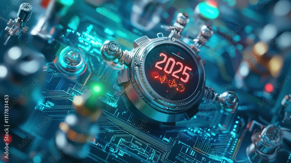 Poster futuristic circuit board with digital clock display