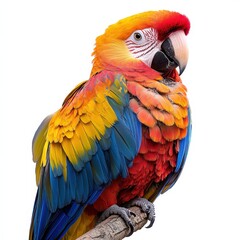 Fototapeta premium Vibrant Scarlet Macaw Parrot Perched on Branch, Isolated on White Background - Detailed Wildlife Photography