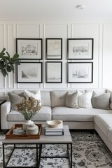 Fototapeta premium Elegant Living Room Interior with Black and White Photo Wall Gallery