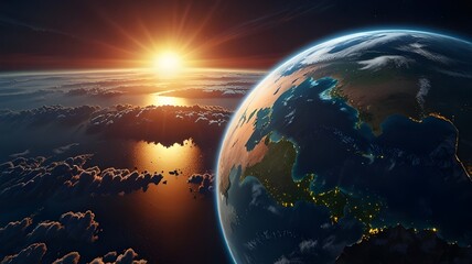 Earth sunrise from space over cloudy ocean. 3d rendering illustration.
