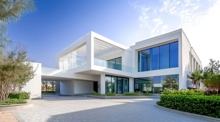 Maison de luxe spacieuse et moderne de couleur blanche avec des grandes fenêtres, un toit plat. Architecture contemporaine élégante sur fond de verdure et de soleil.