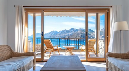 Appartement moderne en bord de mer avec terrasse offrant une vue magnifique sur la mer. Paysage de vacances, atmosphère de repos, de détente et de bien être.