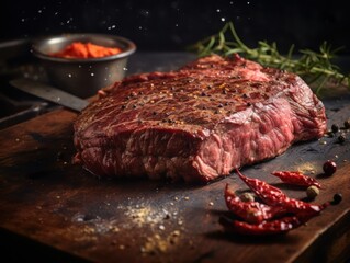 Artisan dry-aged beef presentation in vintage copper aging room professional butcher display soft focus intricate meat details