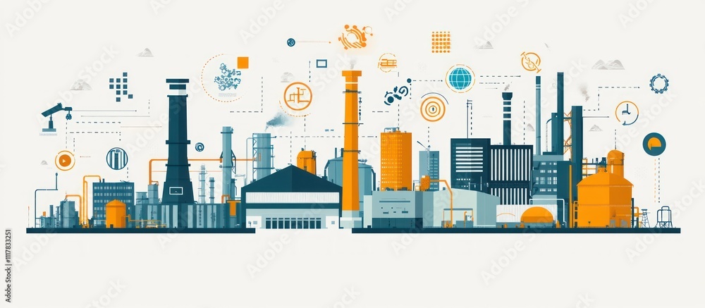 Poster an illustration of an industrial complex with various buildings and structures connected by pipes an