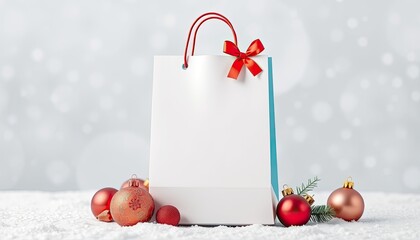 White gift bag with red bow and Christmas ornaments on snow