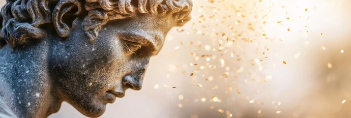 Obraz premium ancient-futuristic fusion, a futuristic setting with a greek stoic statue head on the left, blending ancient wisdom and modern tech, leaving space for text on the right