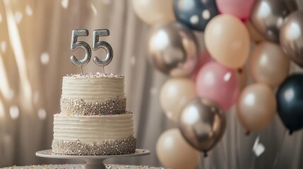 Elegant 55th birthday celebration with cake and balloons