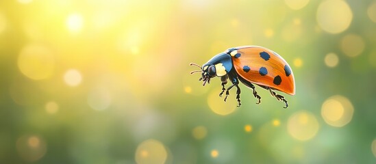 A ladybug in flight against a bokeh background of green and yellow.
