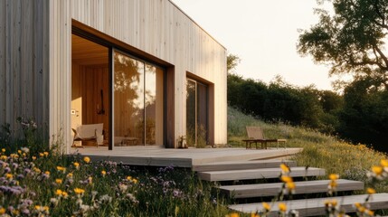 Modern Home Nestled in Nature at Sunset