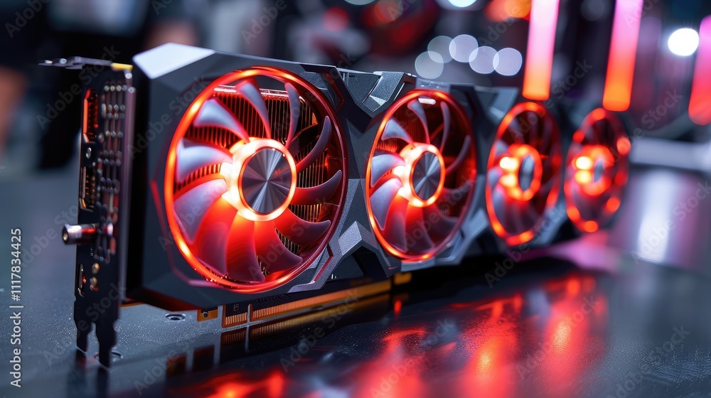 Poster close-up of a high-performance graphics card with illuminated fans.