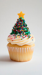 A cupcake with a green Christmas tree topper, against a white background. The food photography showcases the colorful sprinkles and vibrant colors in high resolution and high quality.