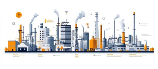 A flat illustration of an industrial complex with tall smoke stacks, showing multiple buildings and production facilities.