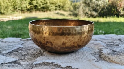 Fototapeta premium Rustic brass bowl on stone surface in natural setting for outdoor decor or meditation