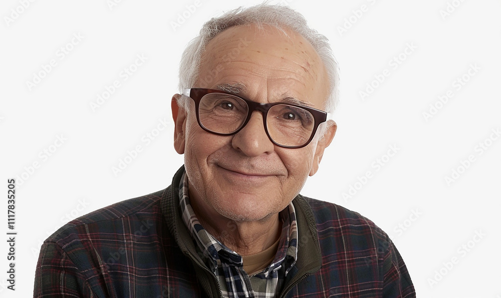 Poster a man with glasses and a plaid jacket is smiling. he looks happy and content. concept of warmth and 