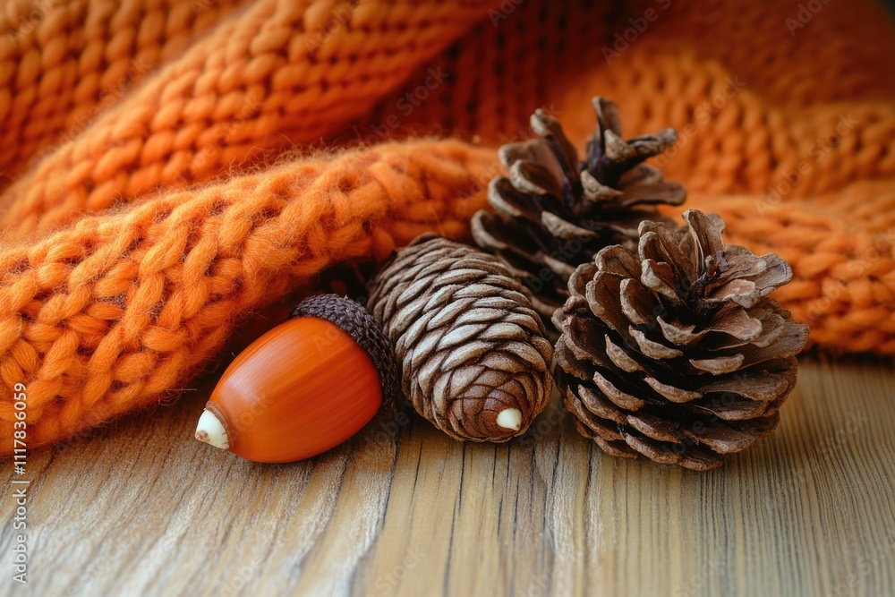 Poster close-up shot of pine cones arranged on a table