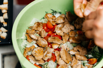 making salad with chicken tomato healthy eating food