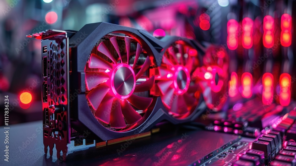 Poster close-up of a powerful graphics card with red led lighting, showcasing its cooling system and intric
