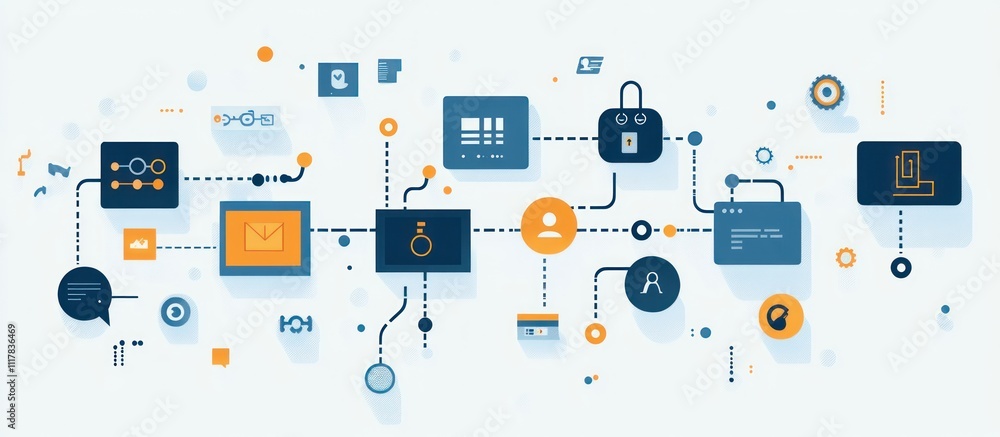 Poster abstract network of interconnected icons and symbols representing digital communication, data transf