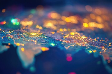 A close-up view of a map of the world showing countries and geographical features