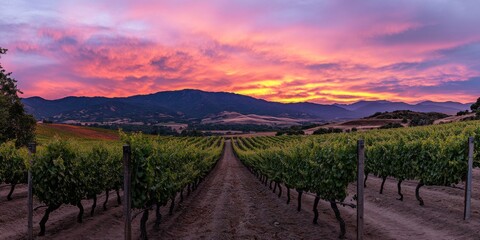 A beautiful vineyard landscape at sunset. The sky glows with warm colors as the sun sets behind rolling hills. Perfect for wine lovers and nature enthusiasts. Explore this serene view. AI