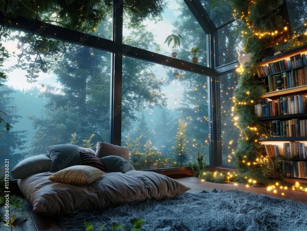 Poster creating a cozy reading nook artistic representation of a book haven with plush cushions and soft li