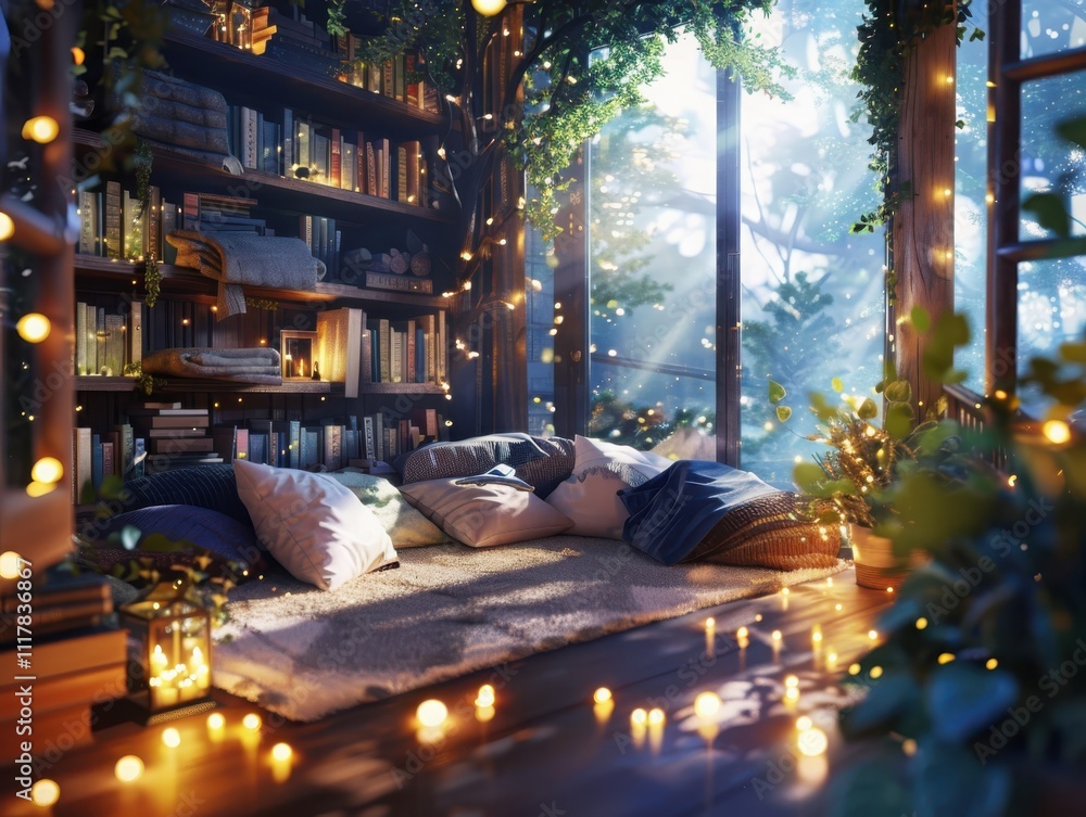 Poster creating a cozy reading nook an artistic representation of a softly lit book haven with plush cushio