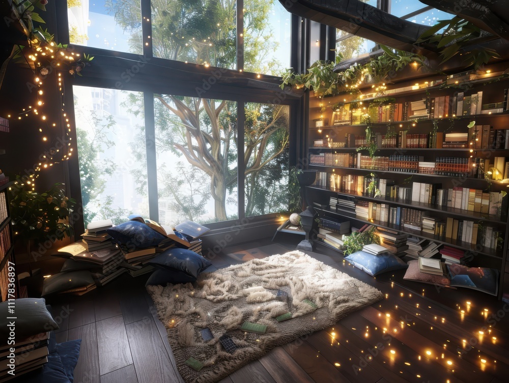 Poster creating a cozy reading nook with plush cushions and soft lighting in a charming environment for boo