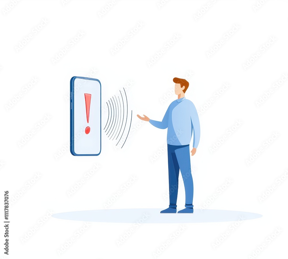 Aufkleber spam call and blocked, a person interacting with a smartphone displaying an alert notification.