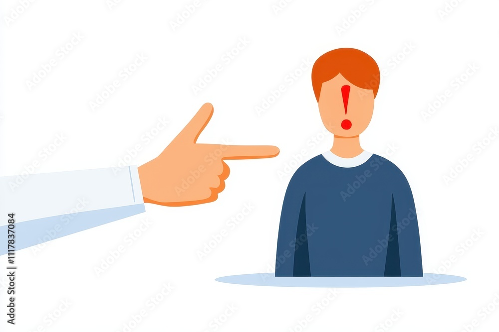 Poster spam call and blocked, a hand points at a person with a surprised expression, emphasizing a sudden r