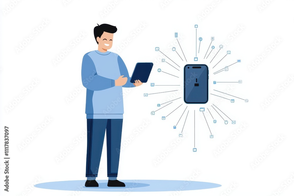 Poster spam call and blocked, a person using a tablet with a smartphone displaying digital data connections