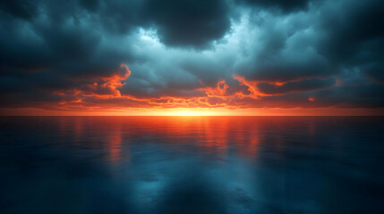 Fototapeta premium Dramatic Sunset Over Ocean with Dark Clouds - Realistic Image
