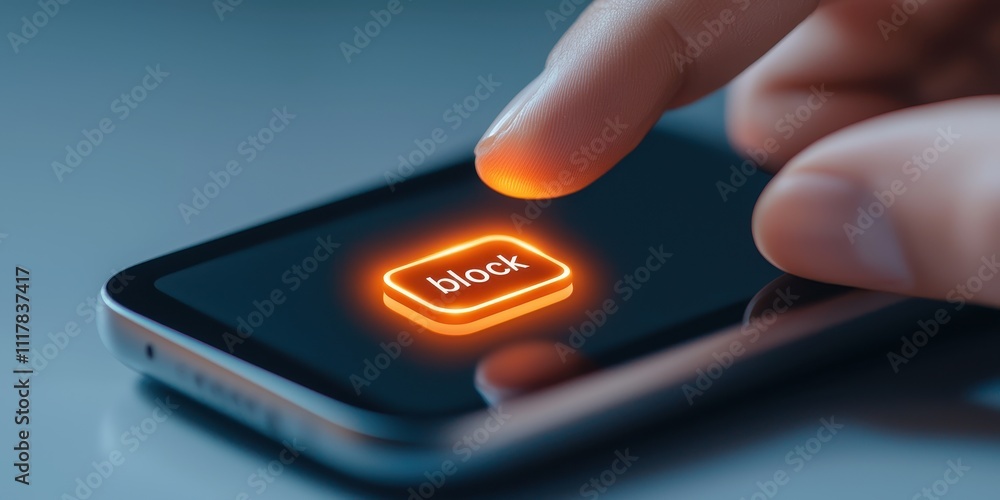 Poster spam call and blocked, a finger pressing a glowing 