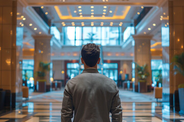 Obraz premium Generative AI Image of a Bearded Male Traveler Arriving at Hotel Corridor with Backpack