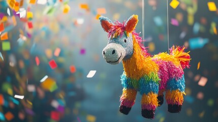 Las Posadas Colorful donkey pinata with confetti background for festive celebrations and parties