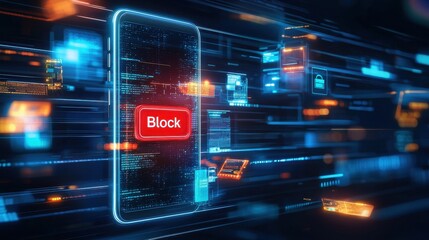 Spam call and blocked, A smartphone with a "Block" button surrounded by flowing digital data.