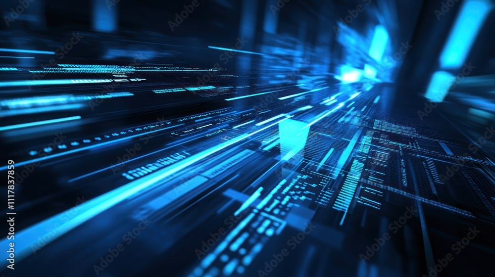 Poster abstract digital data stream, glowing blue lines and cubes speeding through dark space, representing