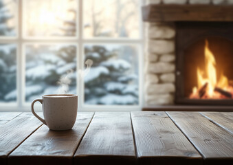 Minimalist wooden table with a hot chocolate cup and a burning fireplace on a blurred winter forest background