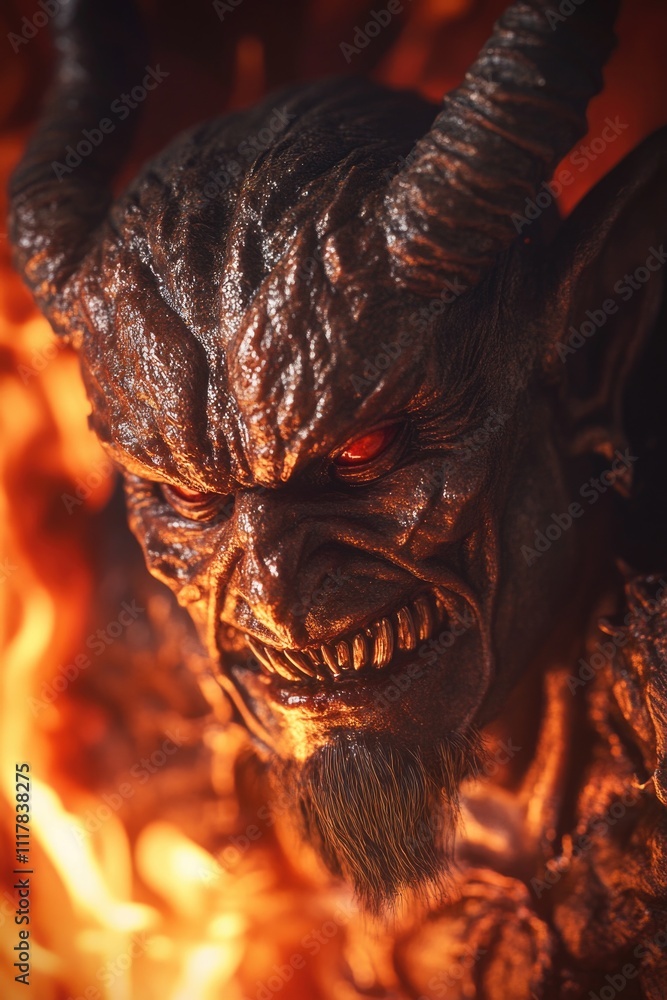 Poster a detailed view of a devilish figurine, perfect for use in illustrations or design projects