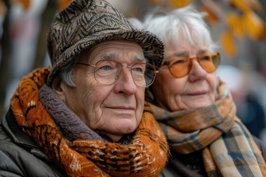 A pair of individuals with glasses and scarves, possibly indicating a shared interest or activity