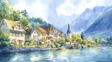 Fototapeta premium Serene lakeside village with mountains in the background, showcasing tranquil nature and architecture.